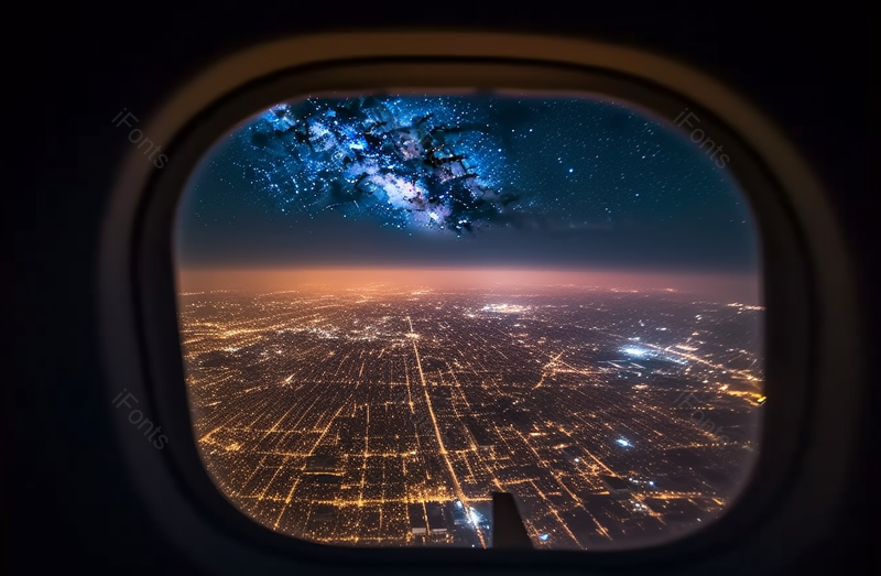 在飞机窗口观赏银河与灯火通明的城市夜景,高清,摄影图,摄影图片,图片大全,摄影图免费下载